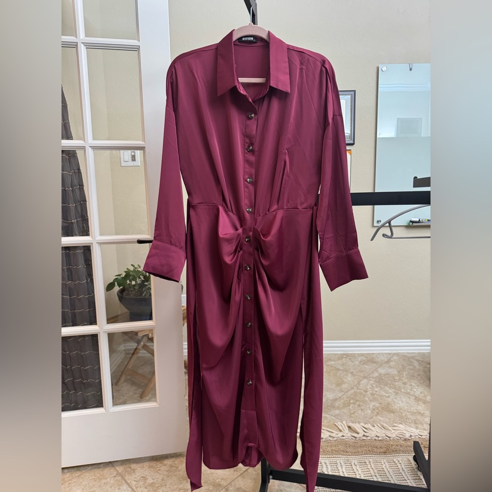 BTFBM Women's Burgundy Midi Dress
